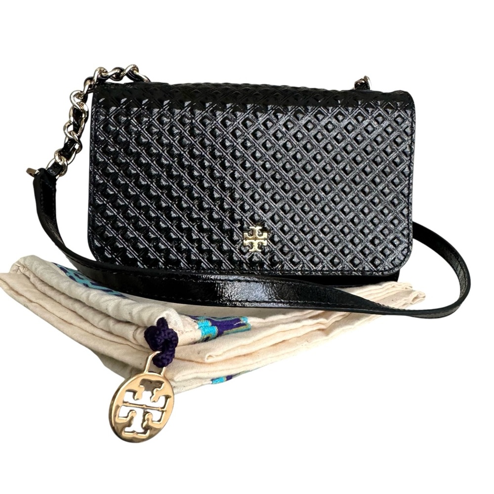 🆕 Tory Burch Marion Patent Flap Shoulder Bag Crossbody Black Embossed Leather